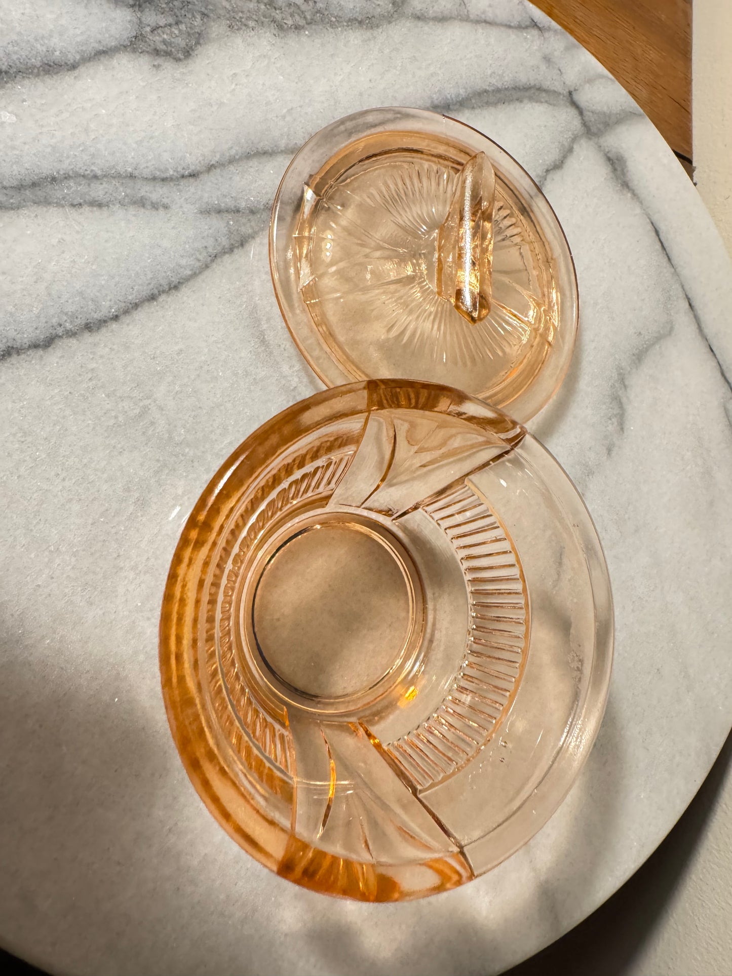 Small Pressed Glass Trinket Vanity Dish with Lid | Art Deco Vintage Retro | Pink |