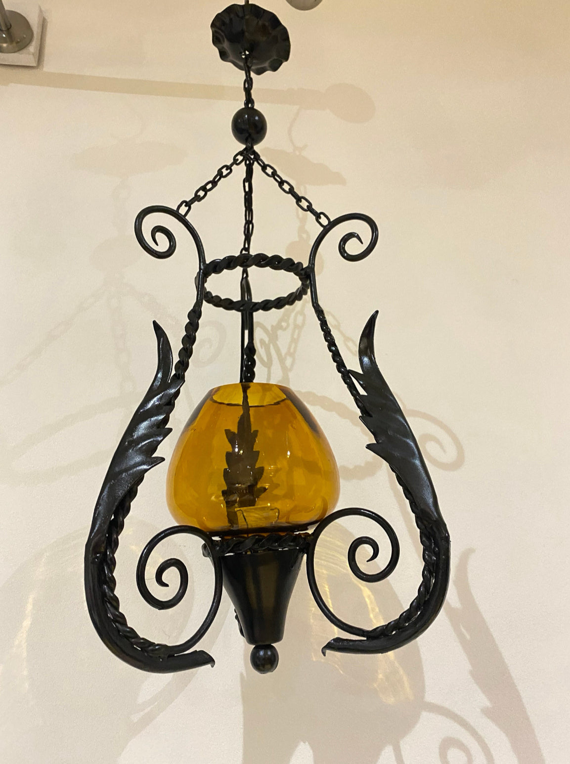 Antique Italian Hand Blown Venetian Amber Glass & Black Wrought Iron Ceiling Pendant Light | Gothic | Spanish | Medieval | Vintage Lantern