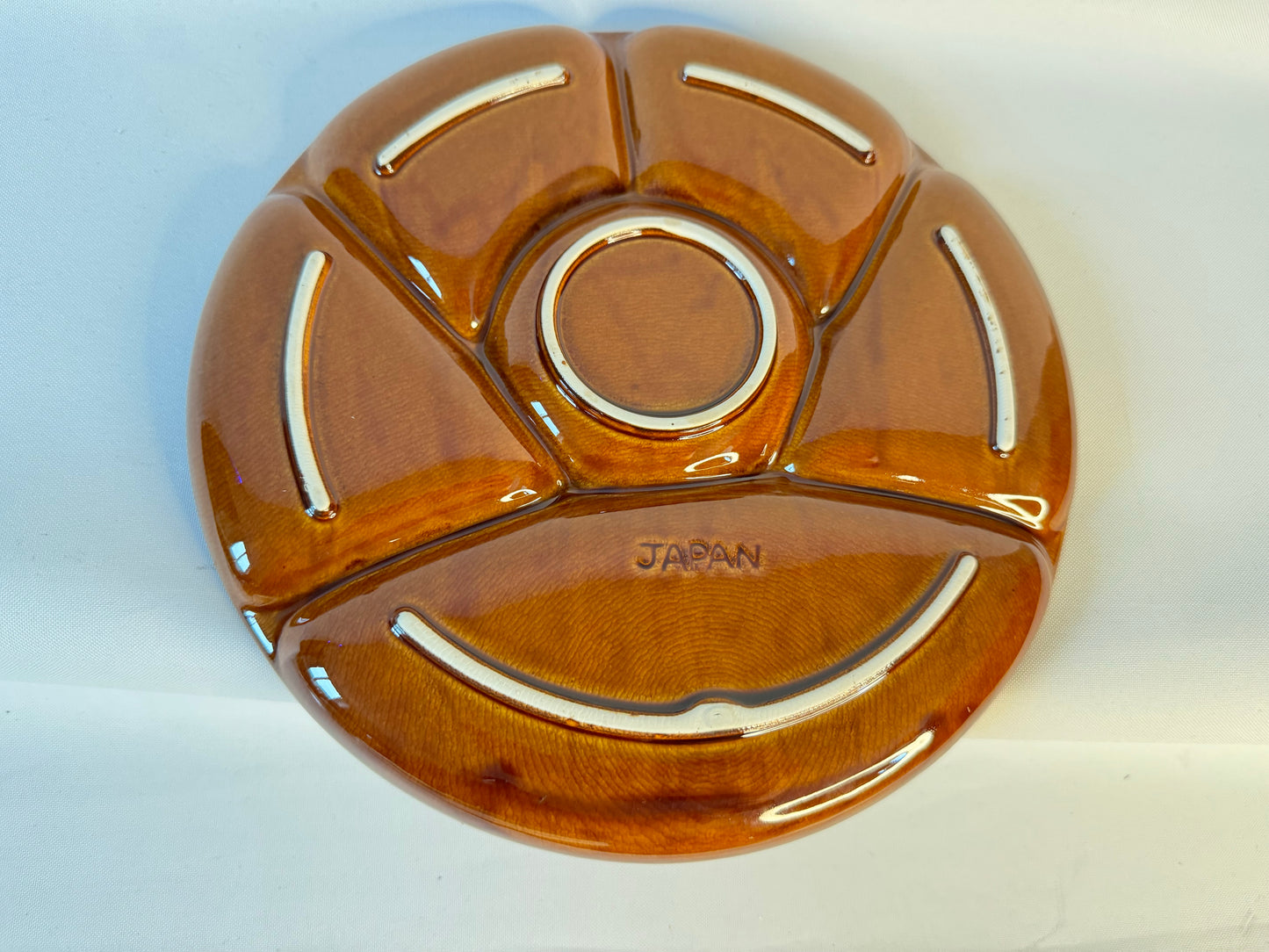 Sectional Glazed Plate Platter | Fondue Plate | Bento Box Plate | Made in Japan | Vintage Retro | 70s | Green | Burnt Orange |
