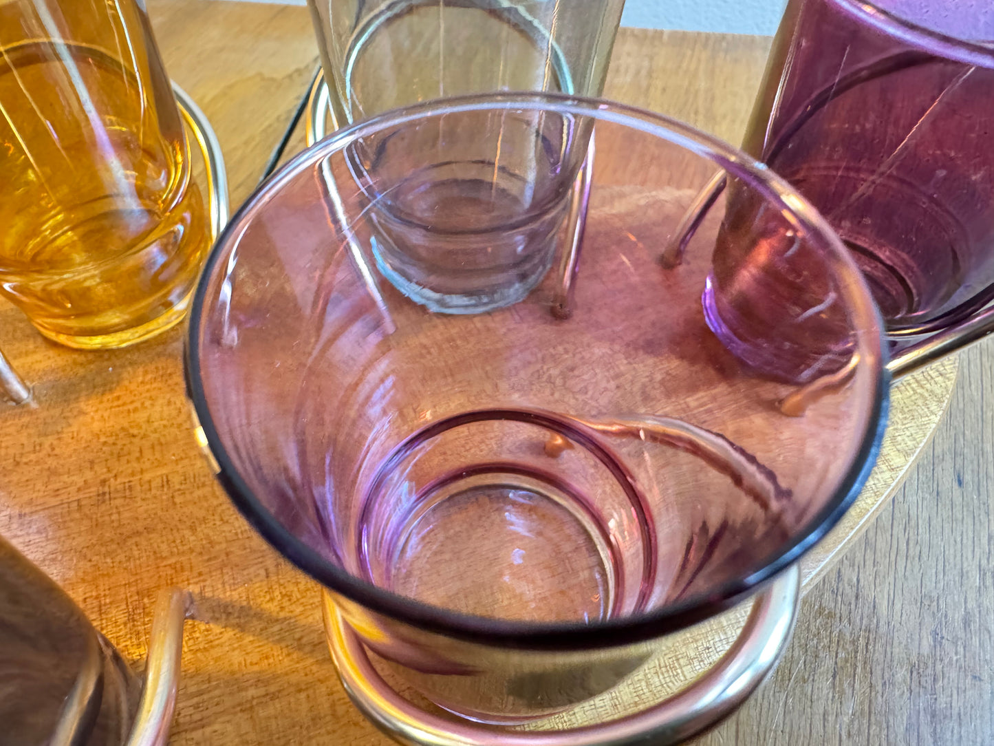 Set of Six Coloured Shot Glasses and a Wooden Serving Tray Stand Wyncraft | 1960s | Made in England | Vintage Retro |