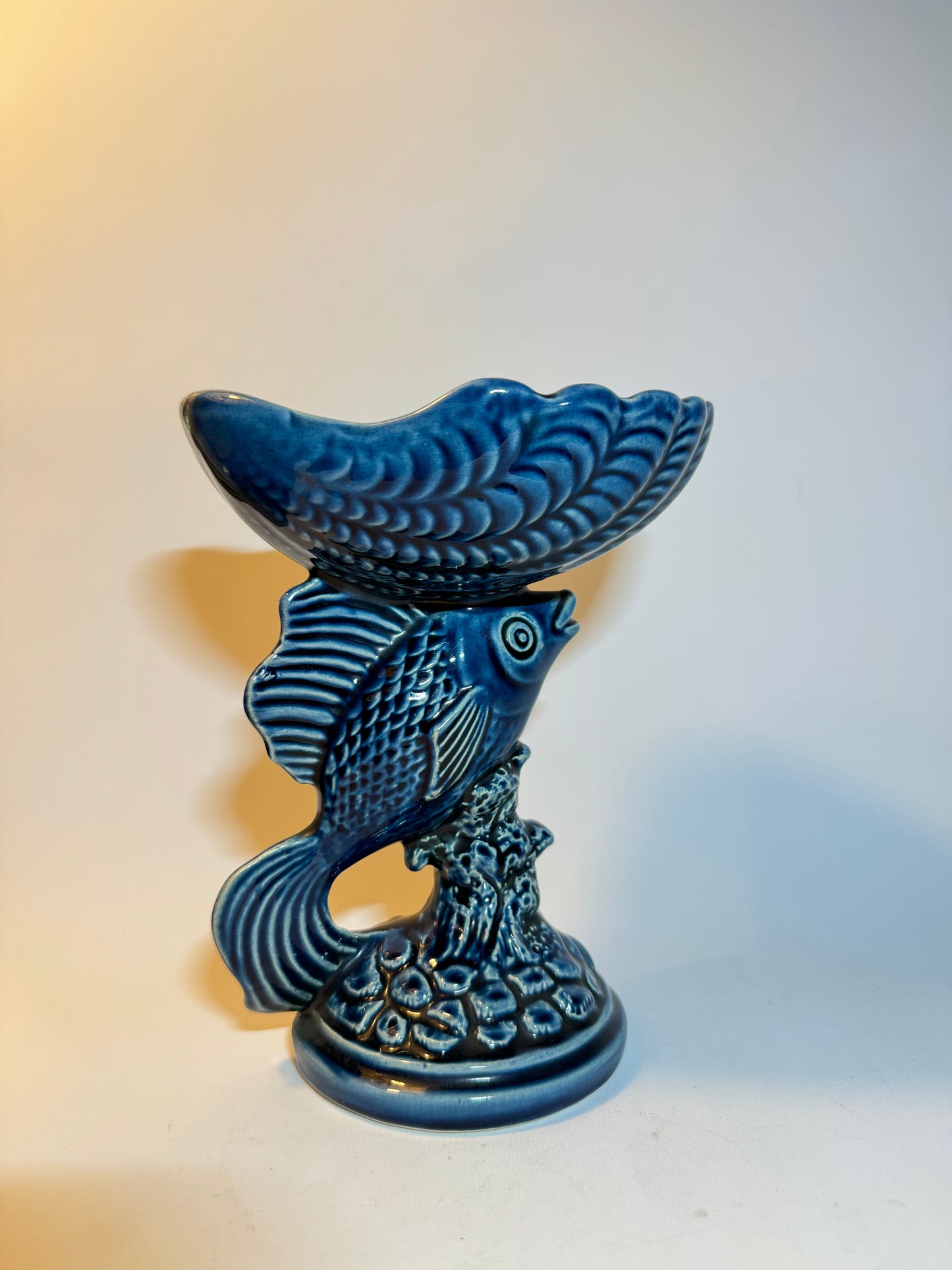 Devonway Pottery Deep Blue Fish Dish Bowl | Pedestal Bowl | Vintage Retro | Quirky Unique |