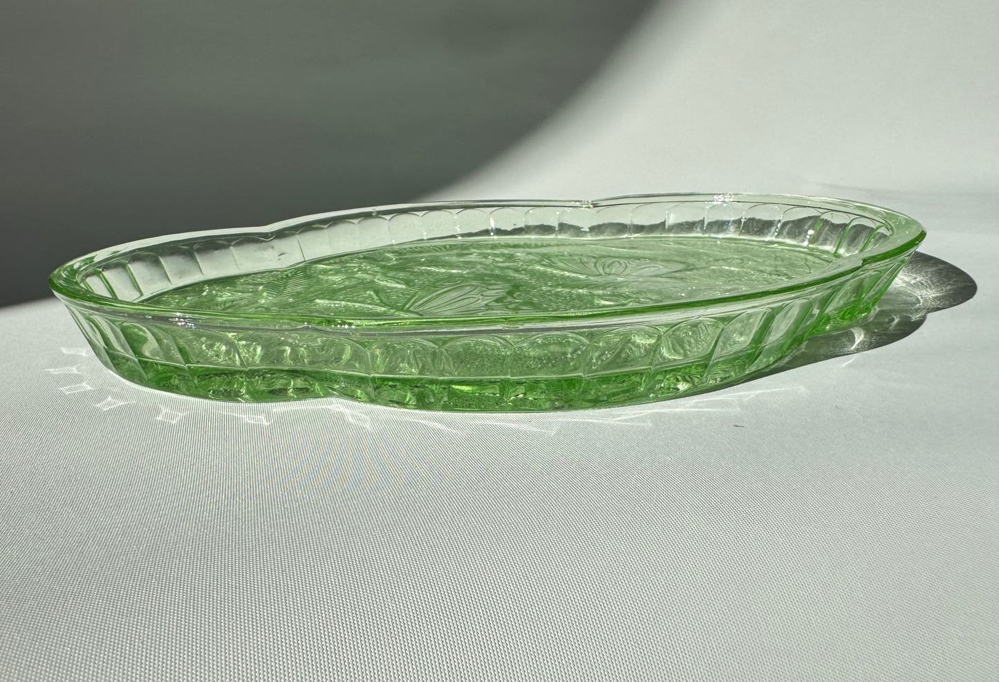 Sowerby 1930’s Green Cut Glass Vanity Tray | Butterfly Floral Pattern | Dressing Table | Retro Unique |