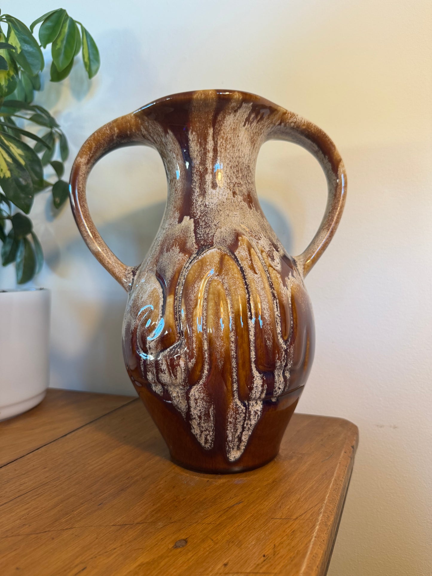 Large Ceramic Vase with Drip Glaze | Twin Double Handle | Vintage Retro Home decor |