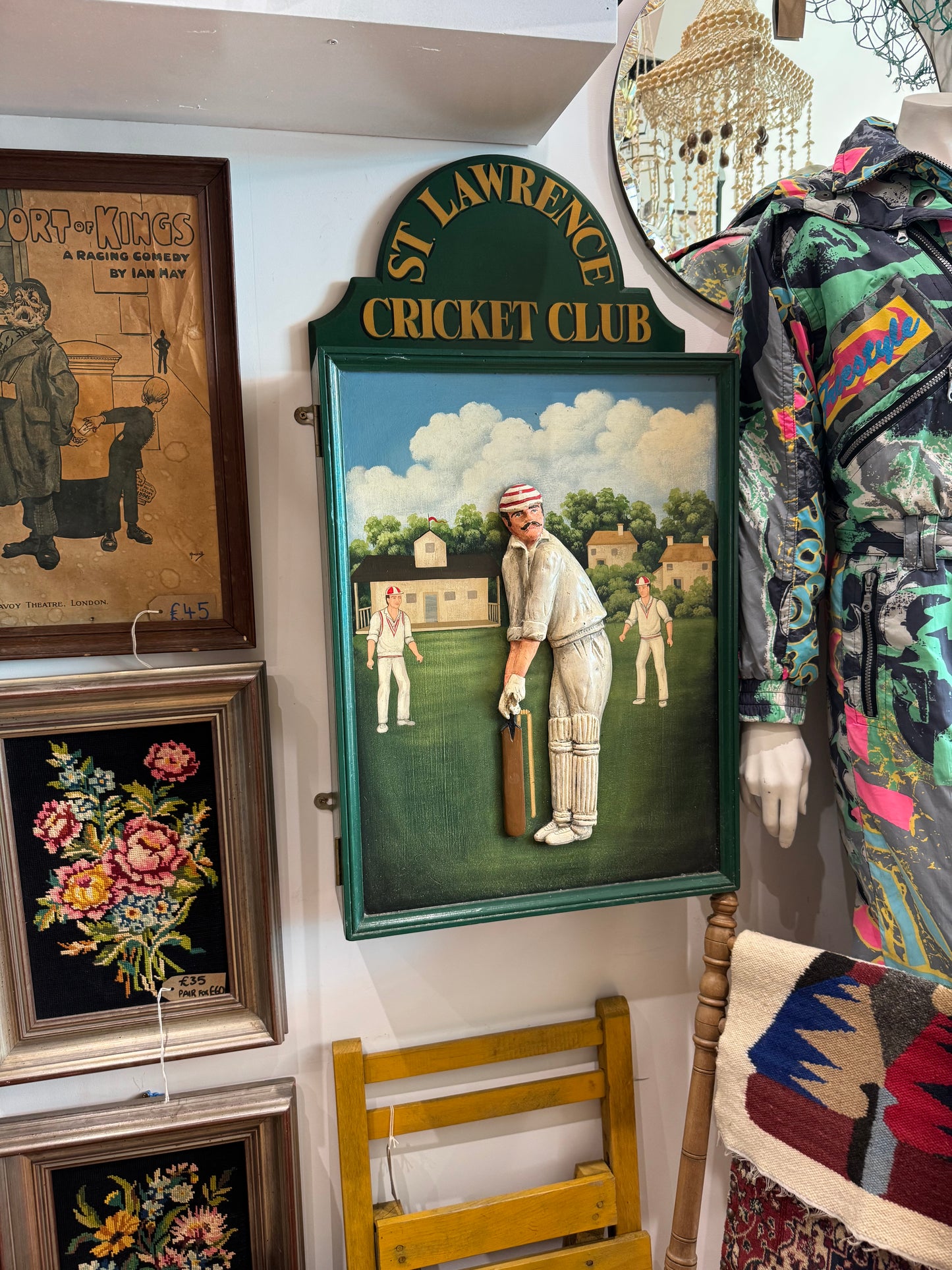 St Lawrence Cricket Club Wooden Wall Cabinet | Handcarved & Handpainted | Vintage Antique | British Cricket |