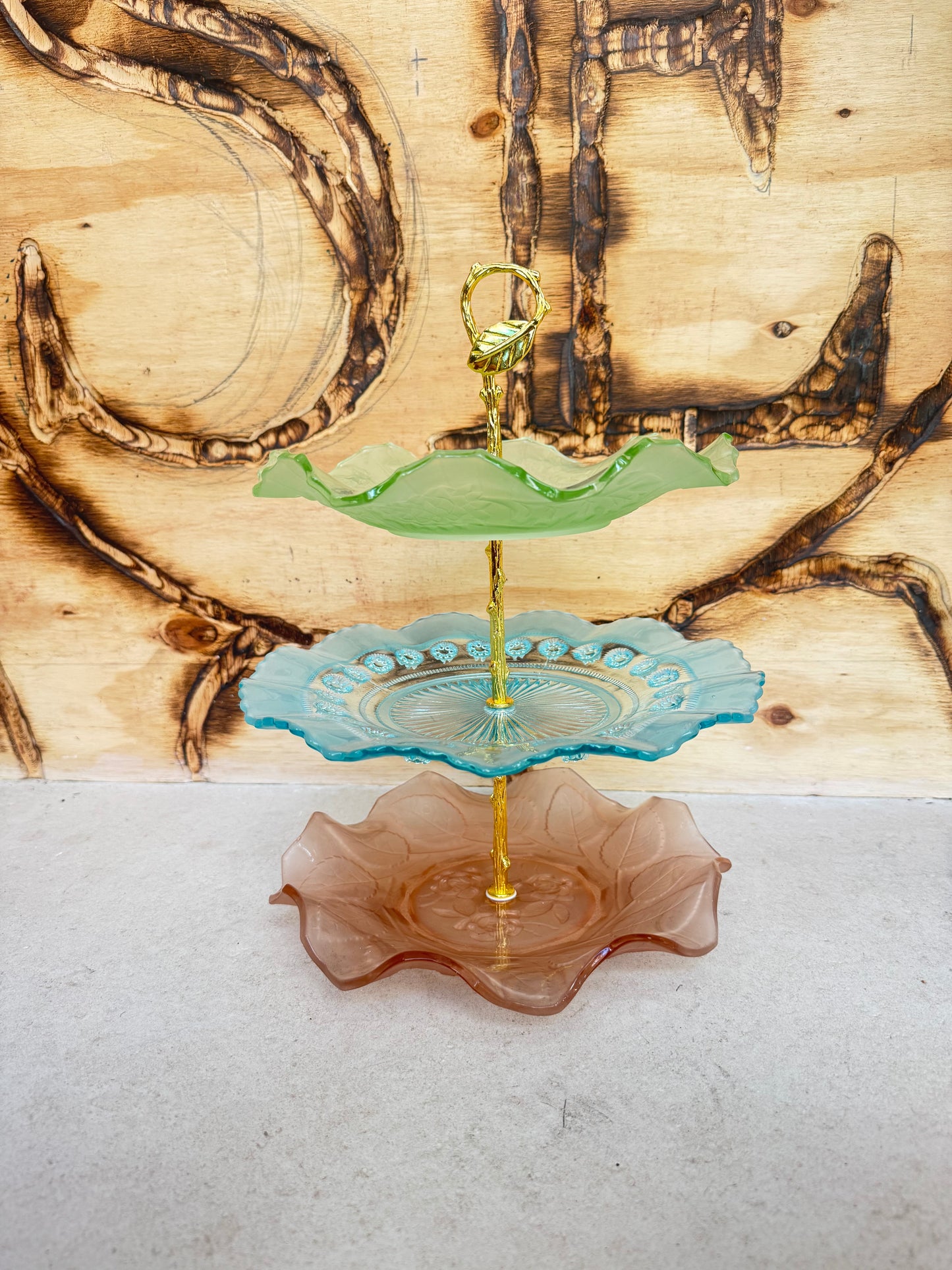 3-Tier Mismatched Coloured Glass Cake Stand with Gold Leaf Handle | Afternoon Tea Dinner Party | Kitsch Quirky | Vintage Retro |