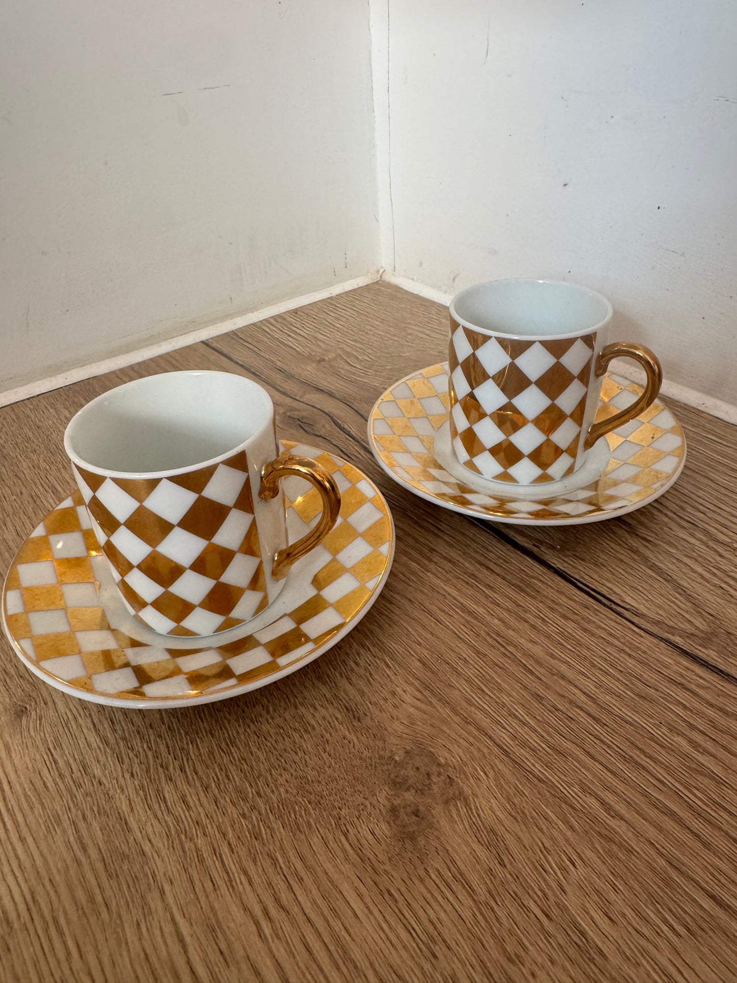 Pair of Gold and White Checkered Espresso Cups & Saucers | Coffee | Vintage Retro |