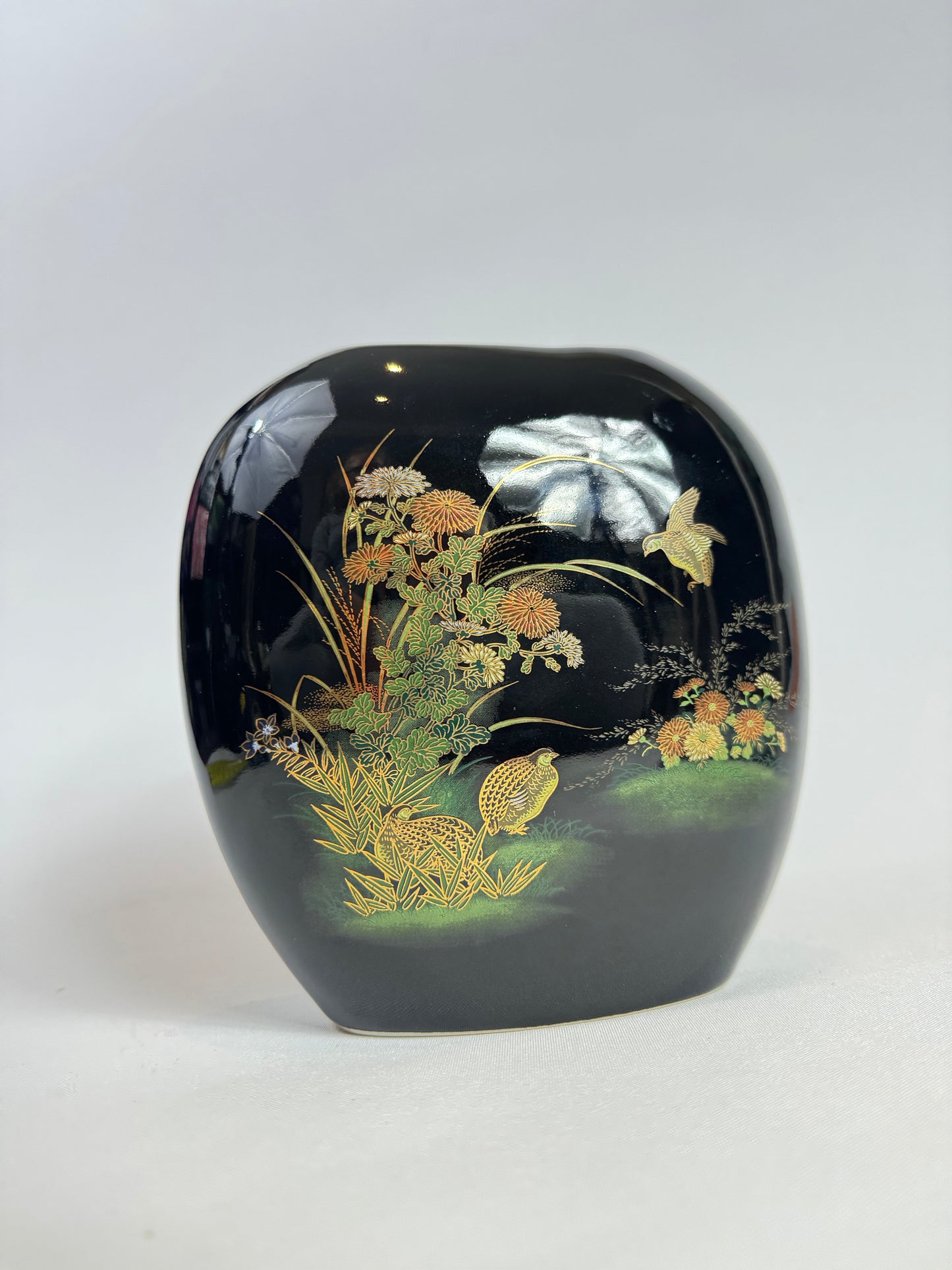 Black Ceramic Flat Vase with Gold and Floral Detail | Vintage Retro |