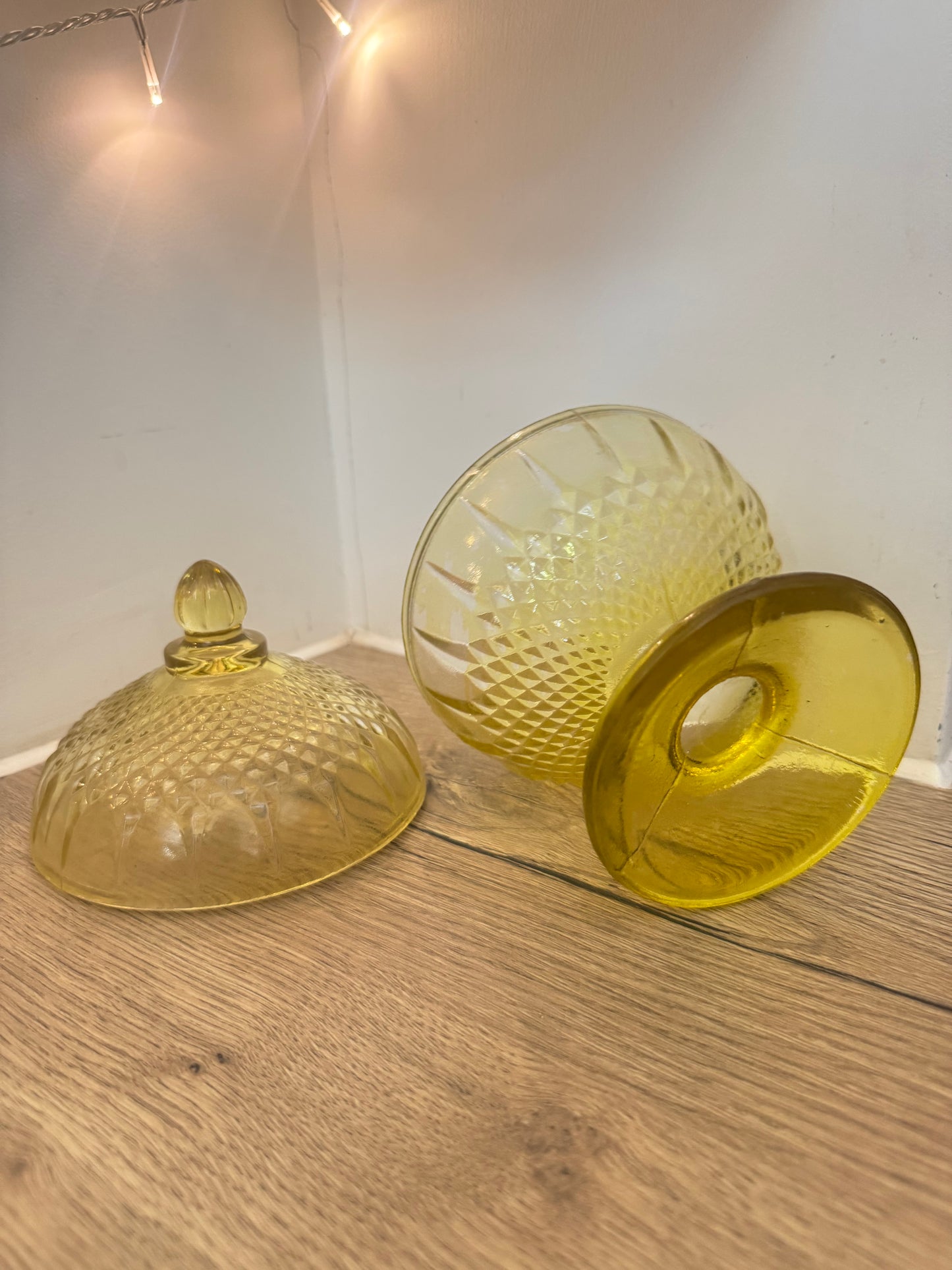 Yellow Glass Lidded Pedestal Bon Bon Dish | Vintage Retro Candy Dish