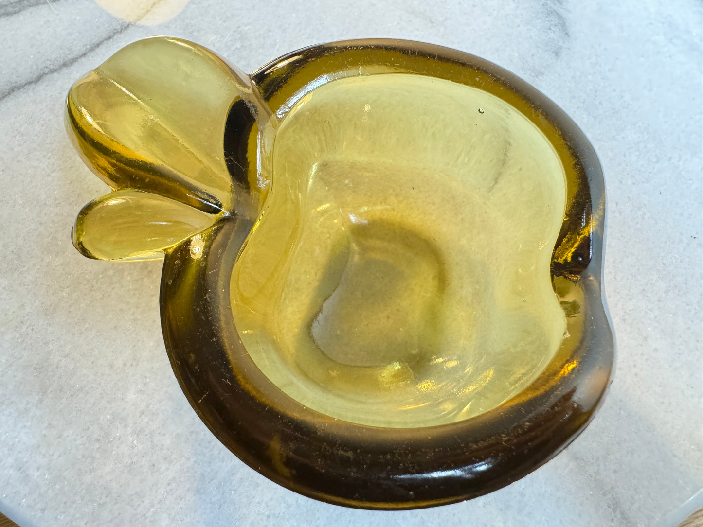 Yellow Thick Glass Apple Shaped Ashtray with Cigar Holder | Vintage Art Glass | Retro Kitsch |