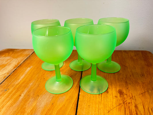 Set of 5 Frosted Uranium Wine Glasses | Luminarc France Techno Neon Green | Vaseline Glass | Vintage Retro Quirky Barware |