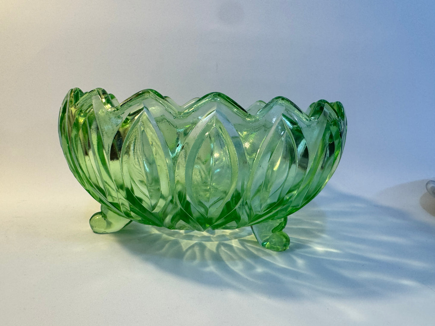 Green Cut Glass Large Bowl | Fruit Bowl | Art Deco | Footed Bowl | Vintage Retro |