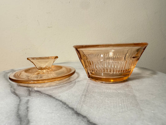 Small Pressed Glass Trinket Vanity Dish with Lid | Art Deco Vintage Retro | Pink |