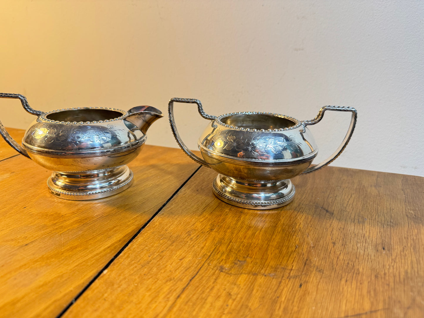 Silver Plated Sugar Bowl and Milk Jug | Hand Engraved | Made in England |