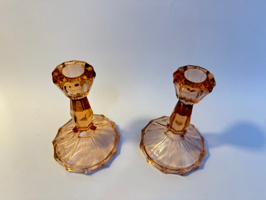Pink Thick Cut Glass Candlestick Holders | Vintage Retro Homeware |