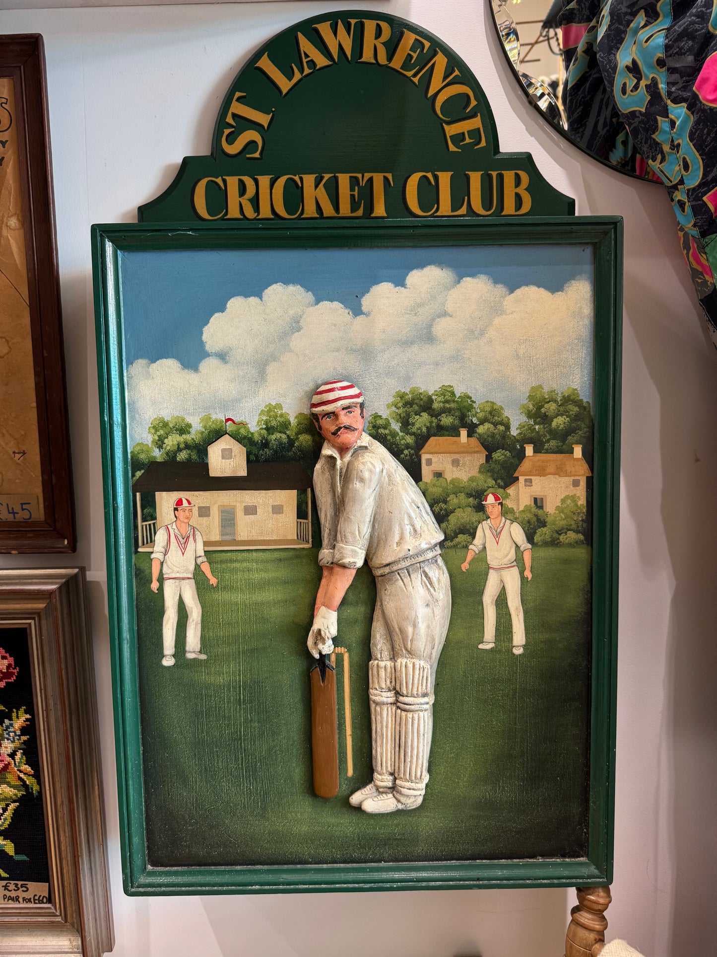 St Lawrence Cricket Club Wooden Wall Cabinet | Handcarved & Handpainted | Vintage Antique | British Cricket |