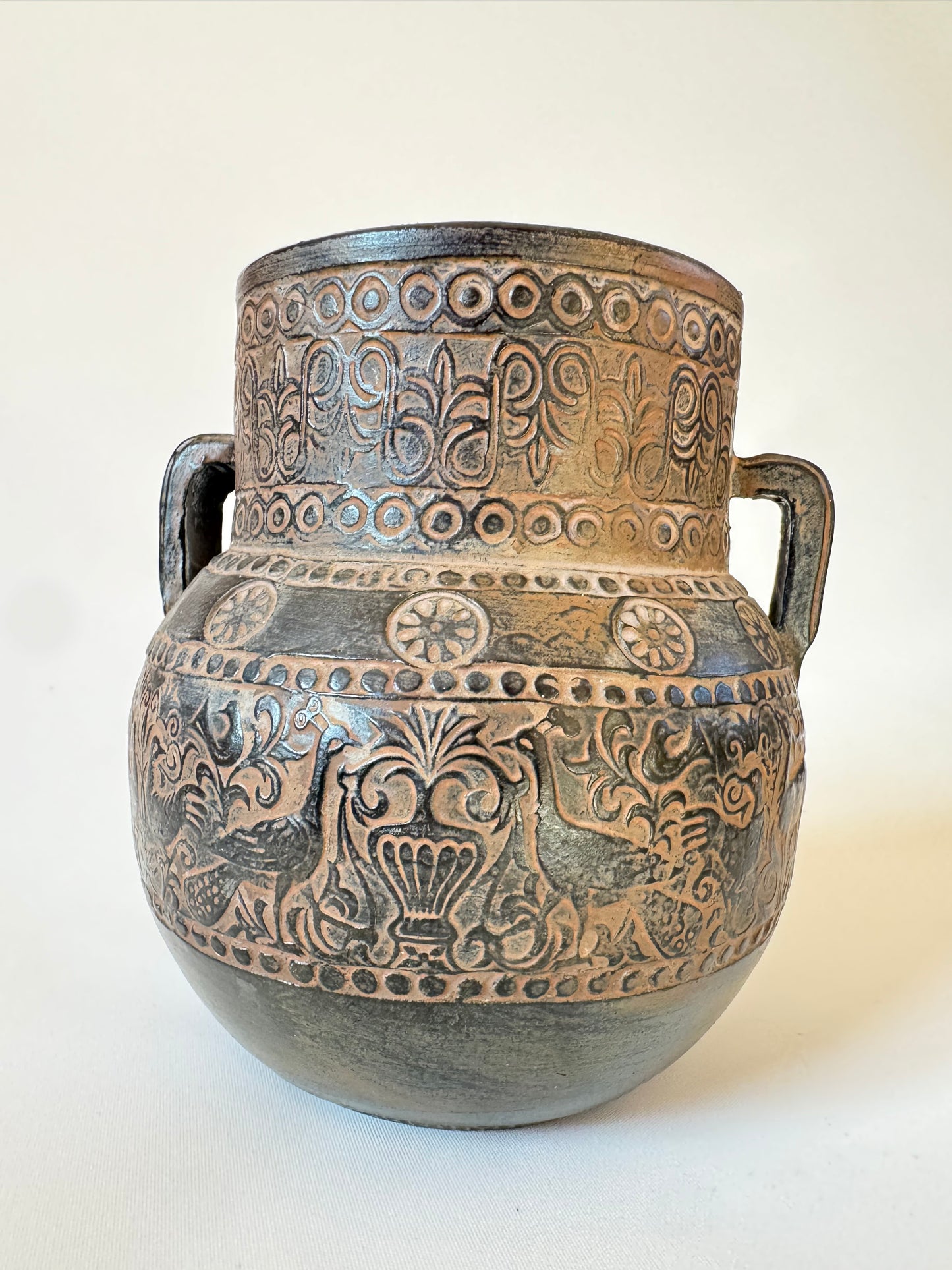 Greek Pottery Vase | Double Handled Urn Style Vase | Grecian | Mid Century MCM | Bird Pattern |