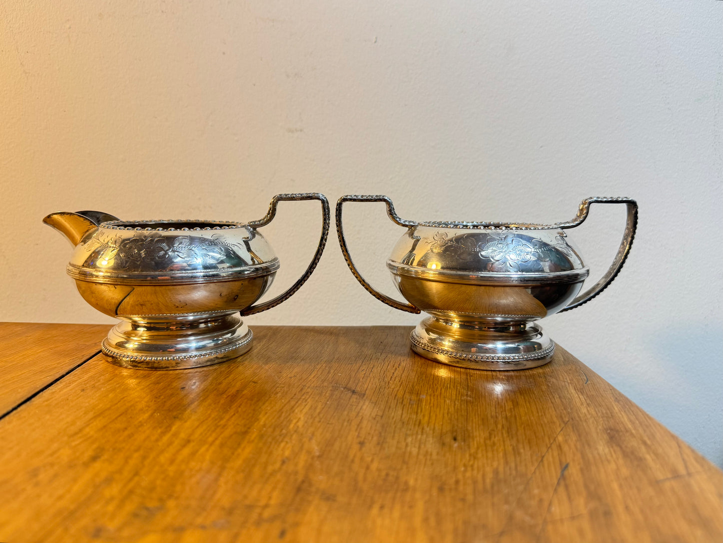 Silver Plated Sugar Bowl and Milk Jug | Hand Engraved | Made in England |