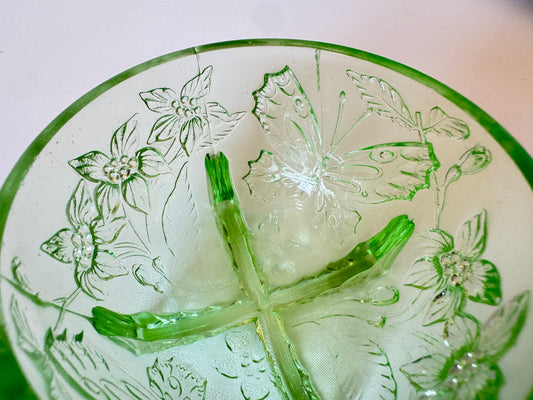 Sowerby 1930’s Green Pressed Glass Trinket Dish | Small Glass Bowl with Butterfly & Floral Design | Vintage Retro |