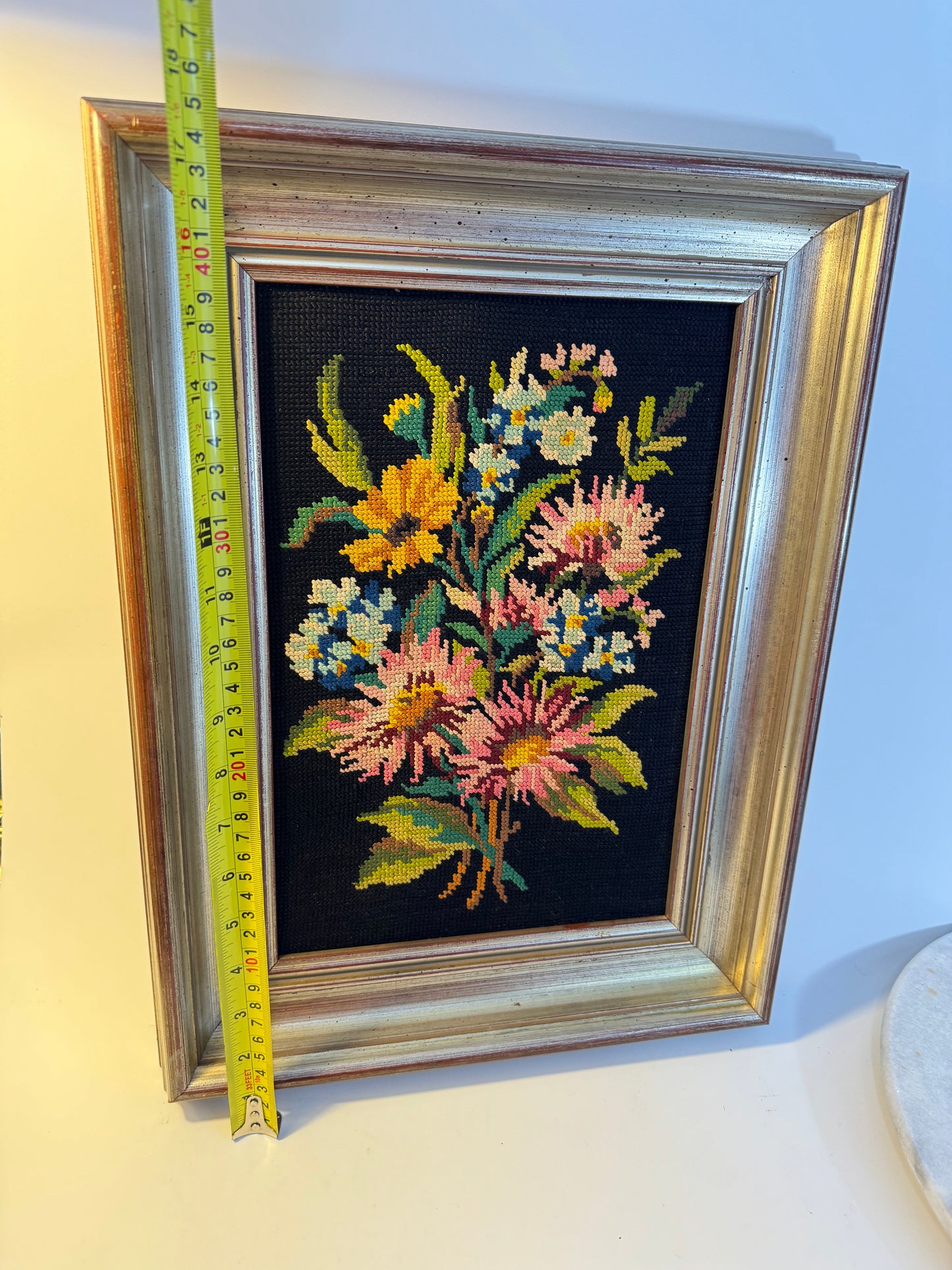 Vibrant Floral Needlepoint in Wooden Frame | Peonies | Wildflowers | Vintage Retro Decor |