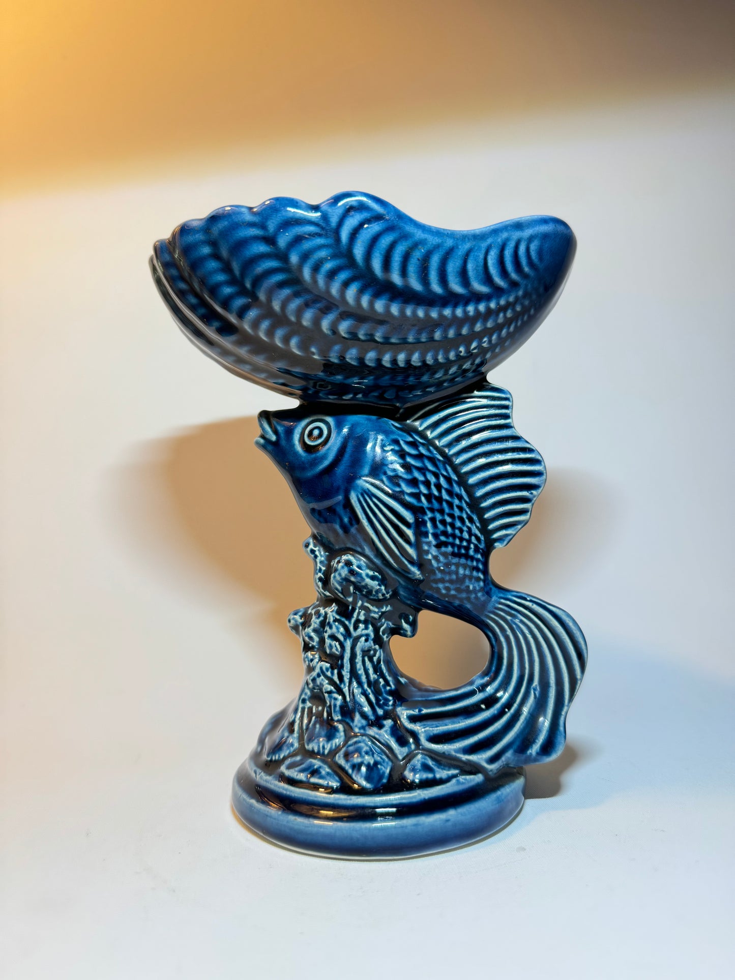 Devonway Pottery Deep Blue Fish Dish Bowl | Pedestal Bowl | Vintage Retro | Quirky Unique |