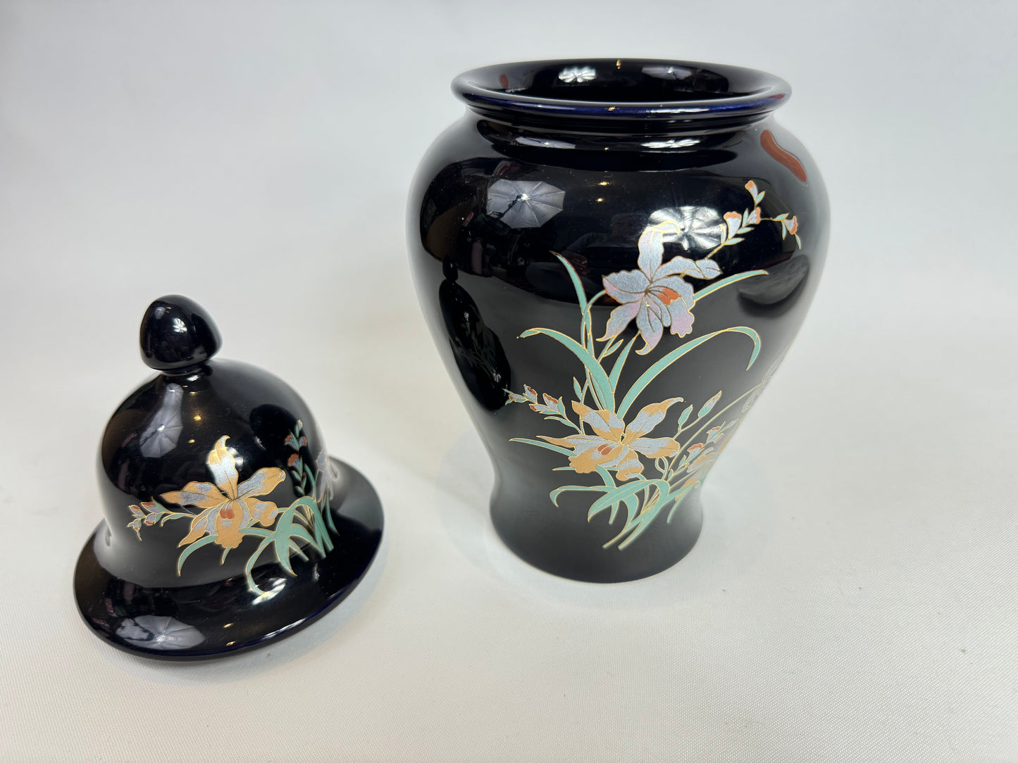 Large Italian Black Porcelain Ginger Jar with Gold and Floral Detail | Vintage