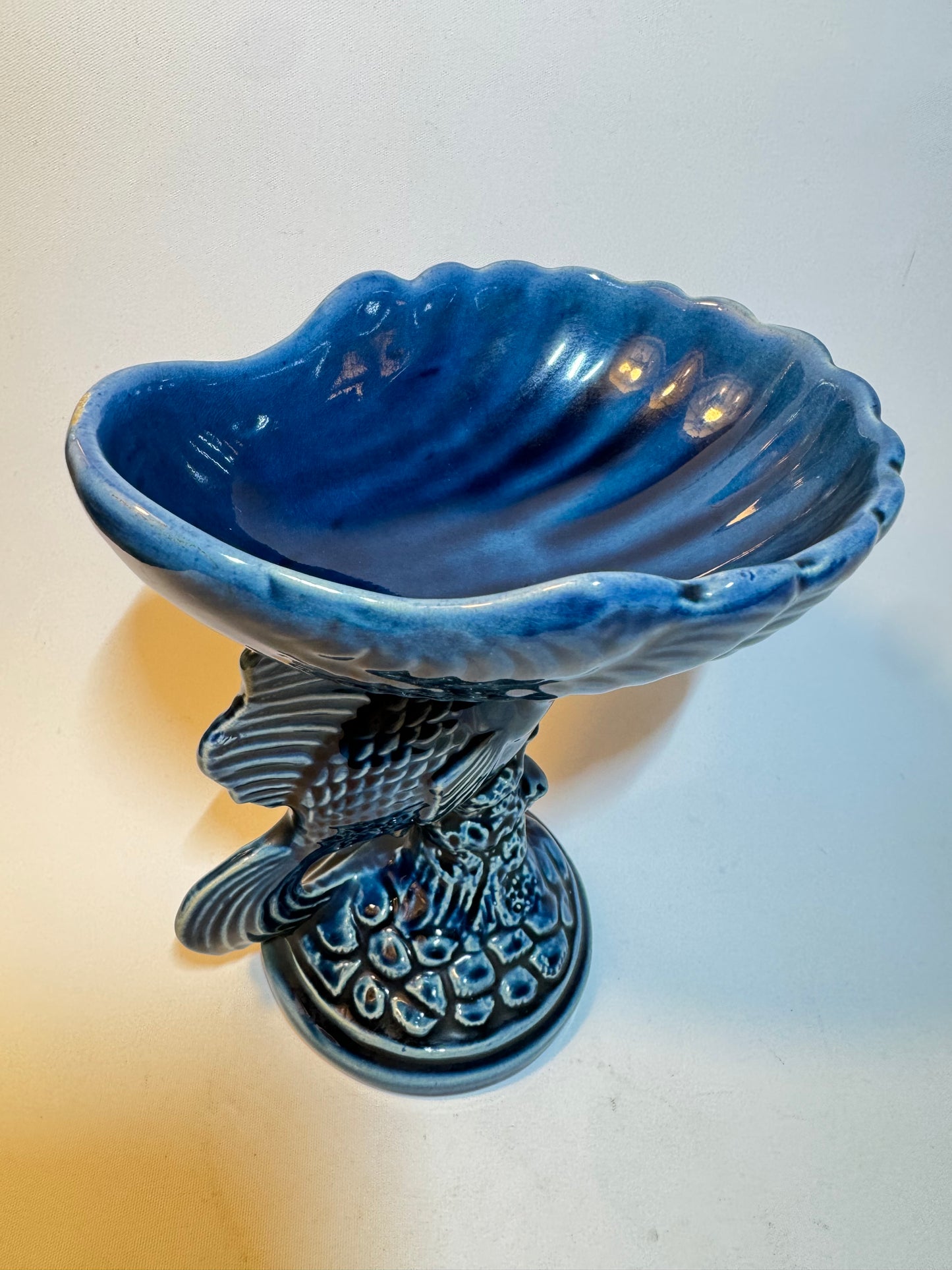 Devonway Pottery Deep Blue Fish Dish Bowl | Pedestal Bowl | Vintage Retro | Quirky Unique |