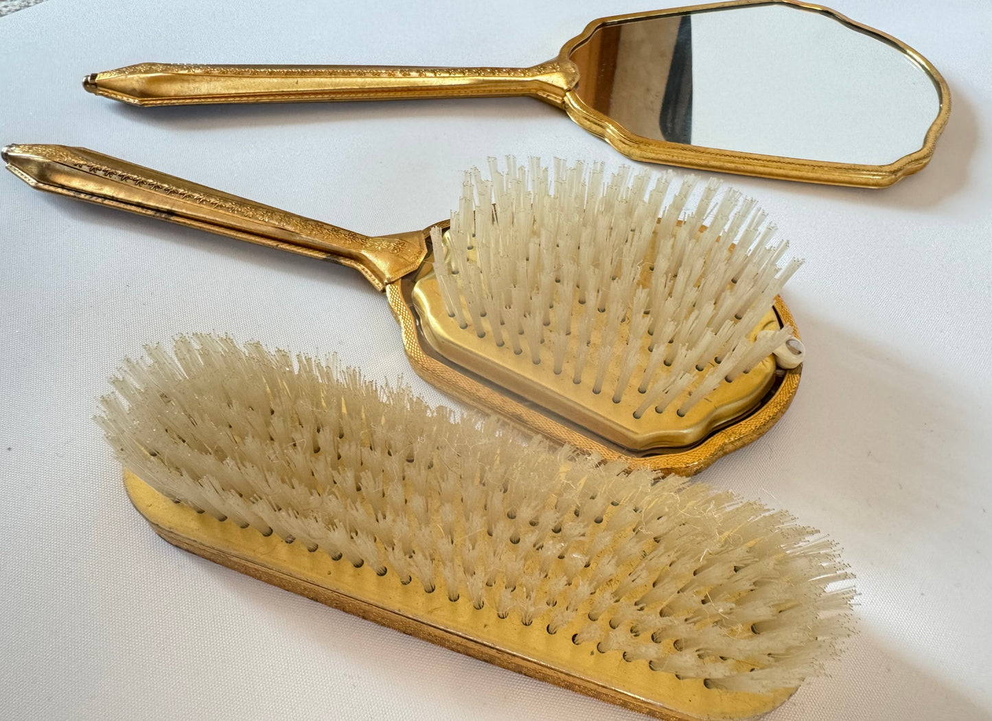 Victorian Style Travel Vanity Set | Hand Mirror, Hair Brush & Clothes Brush | Vintage Antique | Gold with Floral Embroidery | Prop Set Dressing |