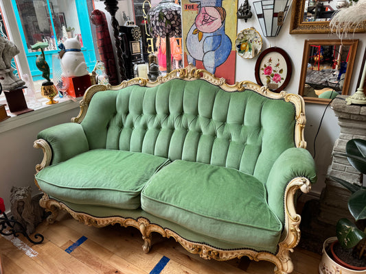 Stunning Louis Style Antique 3 Seater Sofa with Hand-carved Wooden Frame and Striking Green Button Back Upholstery (COLLECTION ONLY)