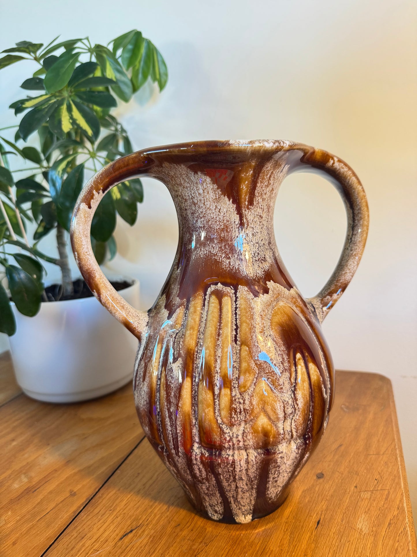Large Ceramic Vase with Drip Glaze | Twin Double Handle | Vintage Retro Home decor |