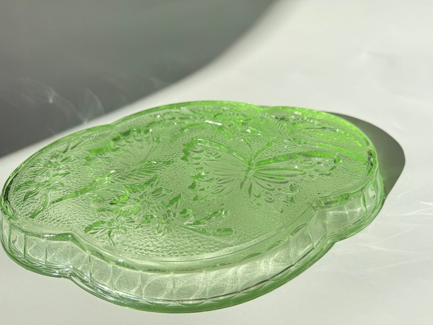 Sowerby 1930’s Green Cut Glass Vanity Tray | Butterfly Floral Pattern | Dressing Table | Retro Unique |