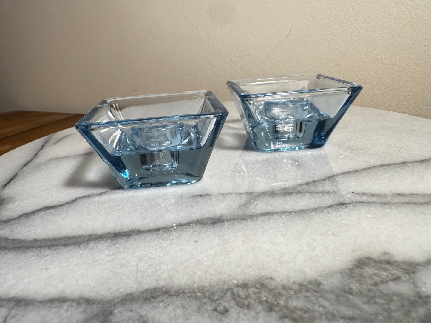 Blue Glass Small Square Candle Holders | Vintage Retro Decor Homeware | Tapered Candlestick Holder |