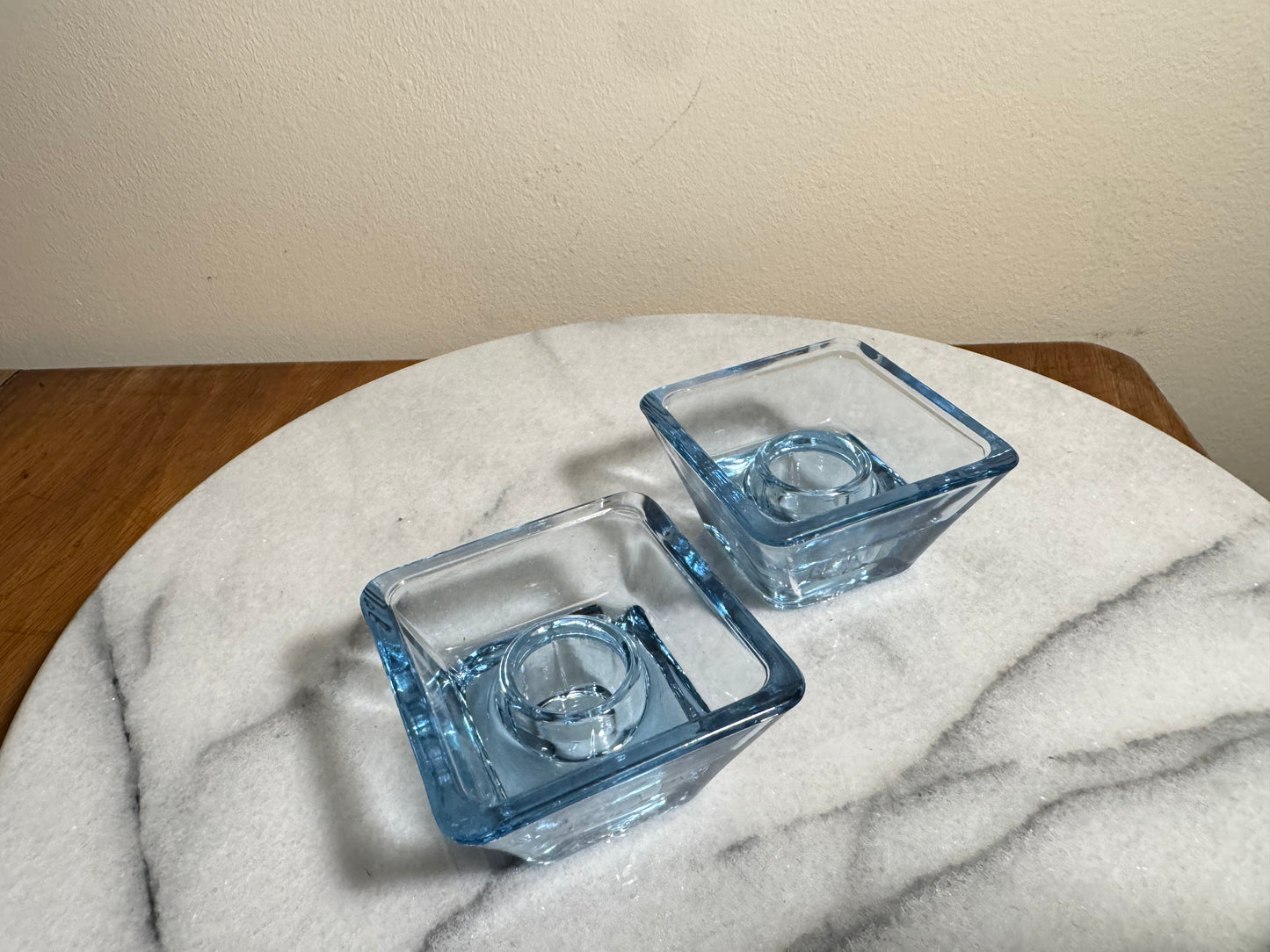 Blue Glass Small Square Candle Holders | Vintage Retro Decor Homeware | Tapered Candlestick Holder |