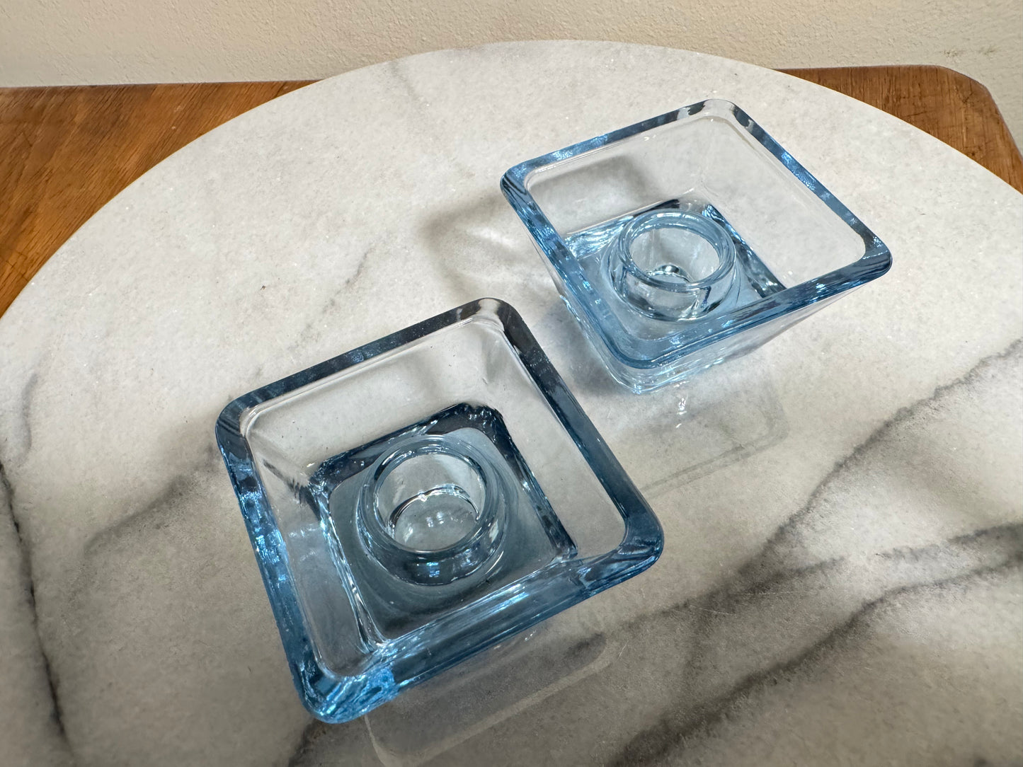 Blue Glass Small Square Candle Holders | Vintage Retro Decor Homeware | Tapered Candlestick Holder |
