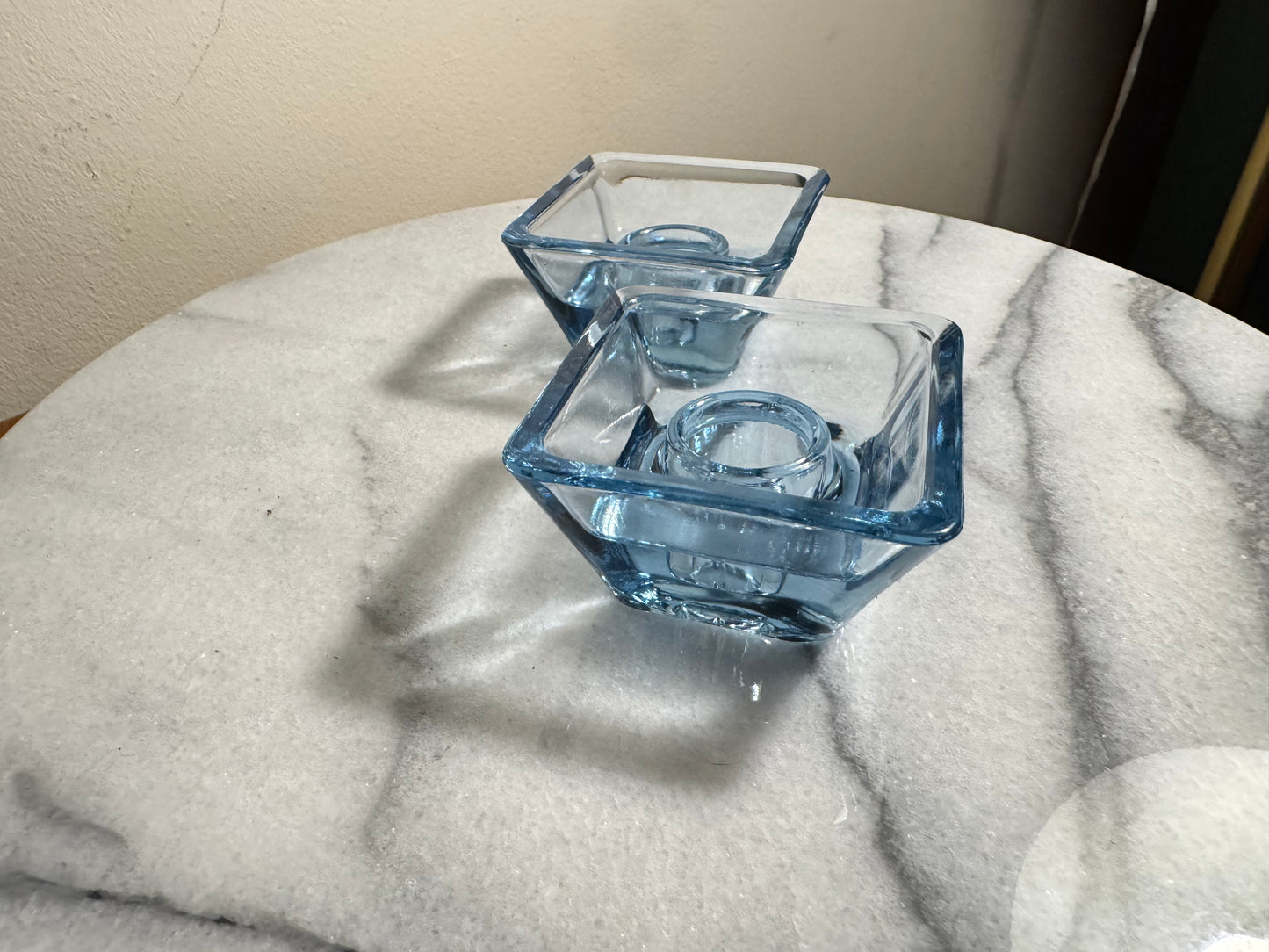 Blue Glass Small Square Candle Holders | Vintage Retro Decor Homeware | Tapered Candlestick Holder |