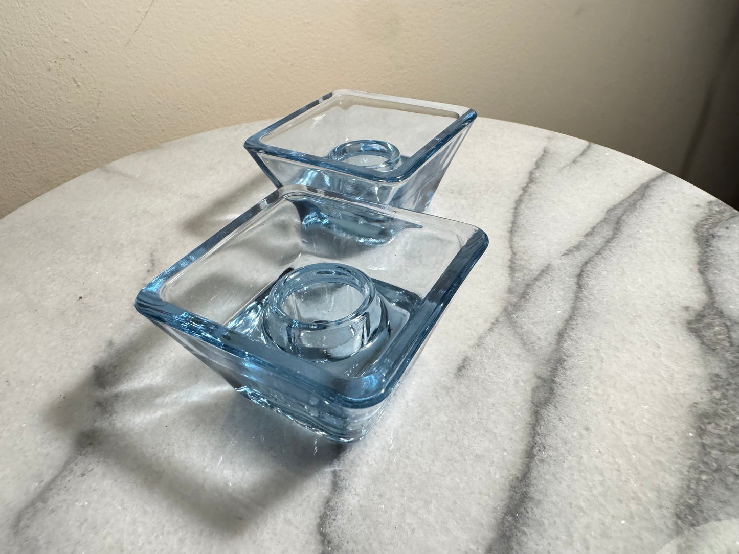 Blue Glass Small Square Candle Holders | Vintage Retro Decor Homeware | Tapered Candlestick Holder |