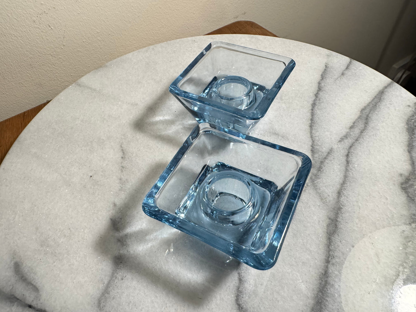 Blue Glass Small Square Candle Holders | Vintage Retro Decor Homeware | Tapered Candlestick Holder |
