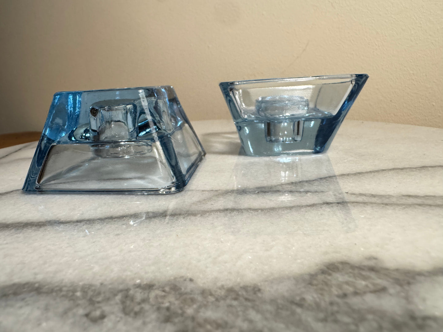 Blue Glass Small Square Candle Holders | Vintage Retro Decor Homeware | Tapered Candlestick Holder |