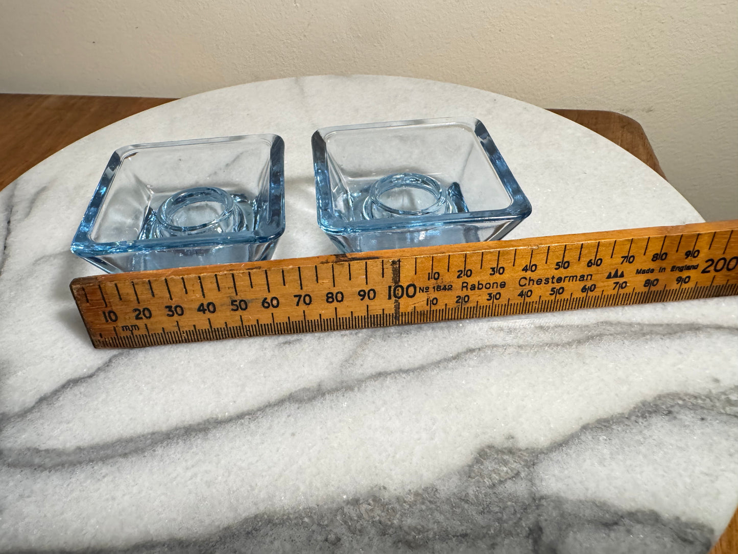 Blue Glass Small Square Candle Holders | Vintage Retro Decor Homeware | Tapered Candlestick Holder |
