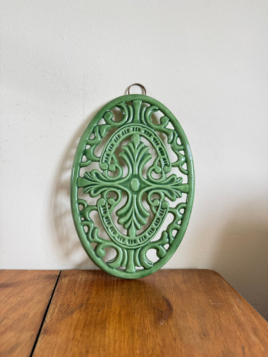 Cast Iron Green Enamelled 11” Decorative Trivet Pot Stand/ Wall Hanging | Cottagecore Farmhouse | Vintage Kitchenware Kitchenalia | Art Noveau? |
