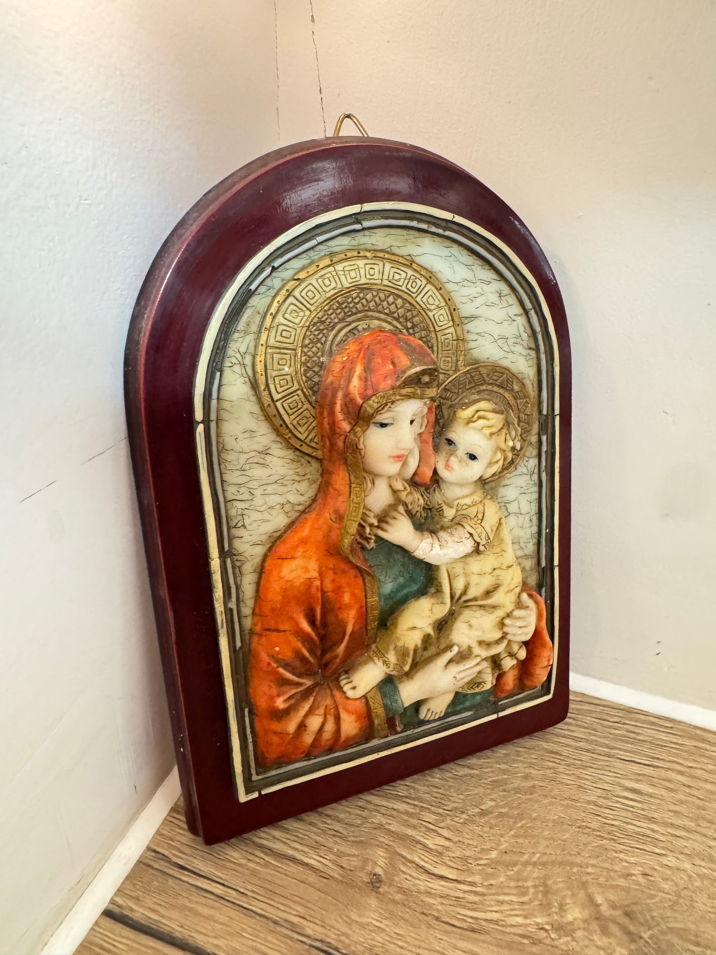 Ceramic Religious Wall Hanging of Mary and Baby Jesus on Wooden Plaque | Madonna & Child Plaque | Vintage Holy Icon |