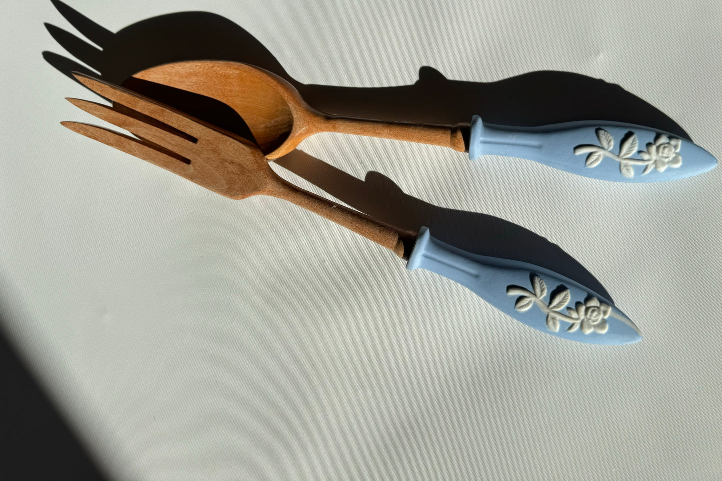 Wooden Salad Spoon & Fork with Ceramic Handles | Vintage Retro Kitchenalia | Serveware |