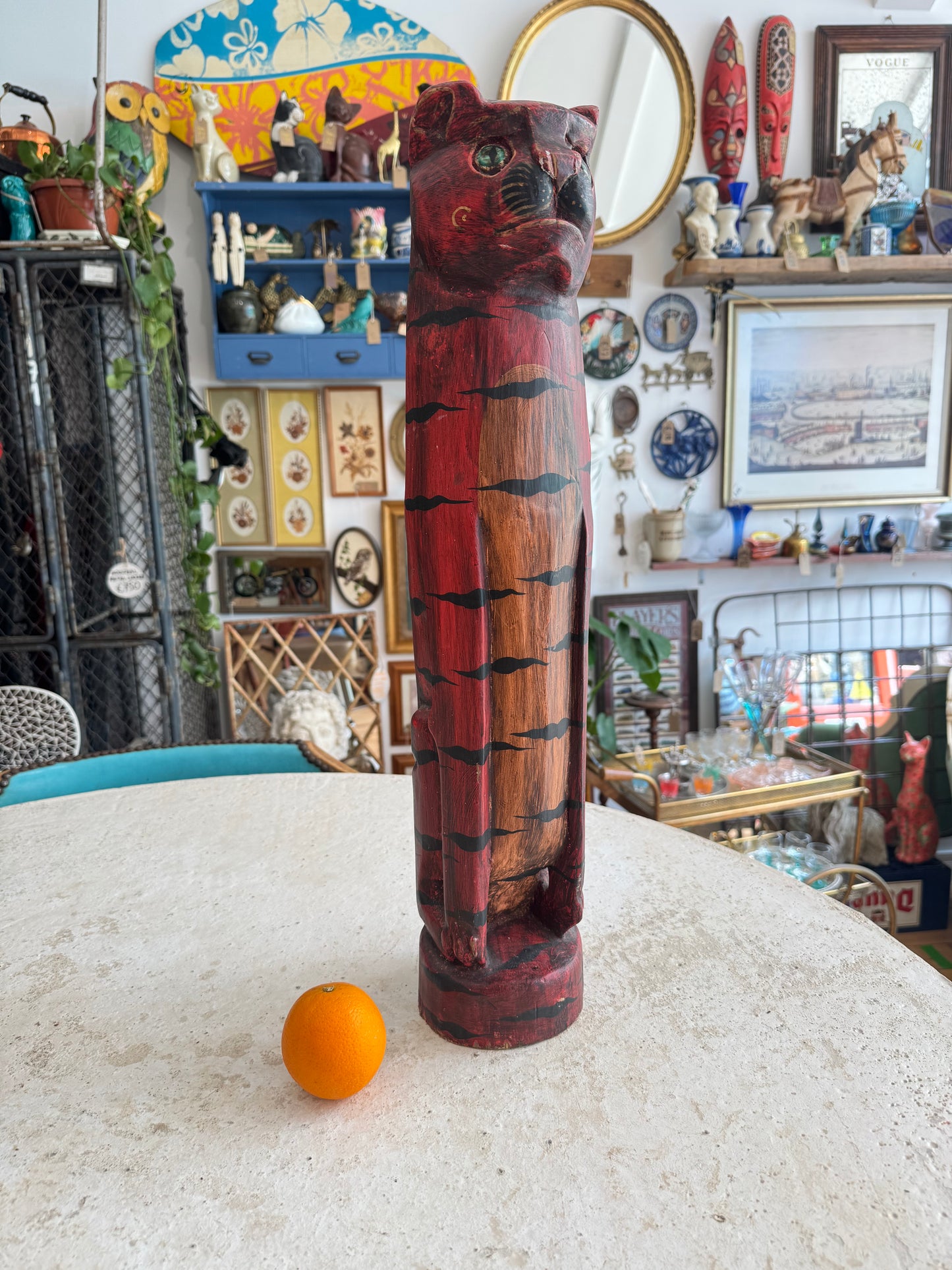 Large Wooden Hand Carved Cat | Folk Art |Vintage Retro | Decor | Quirky Unique |