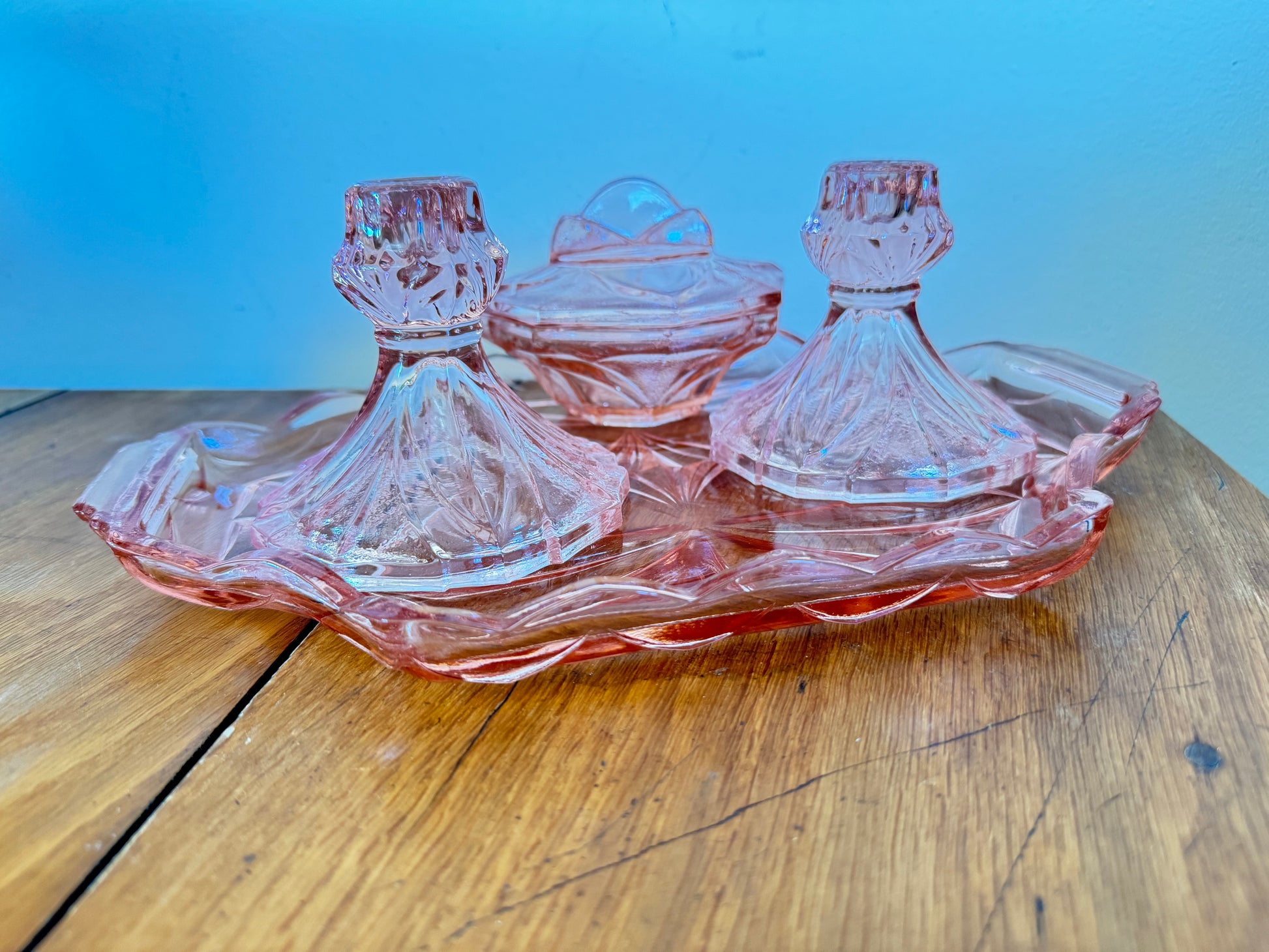 Pink Glass Vanity Set | Dressing Table | Retro Vintage Unique Pink Glass Vanity Set | Dressing Table | Retro Vintage Unique