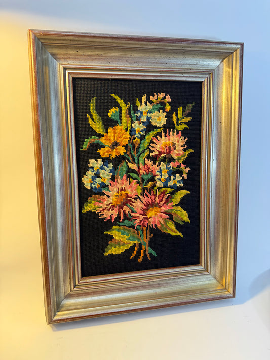 Vibrant Floral Needlepoint in Wooden Frame | Peonies | Wildflowers | Vintage Retro Decor |