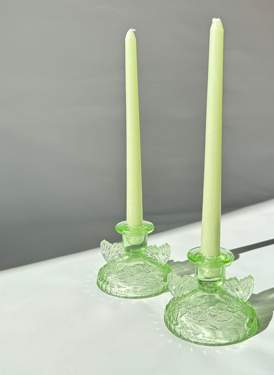 Sowerby 1930’s Green Cut Glass Art Deco Butterfly Candlestick Holders | Set of 2 | Vintage Retro | Angel Wings |