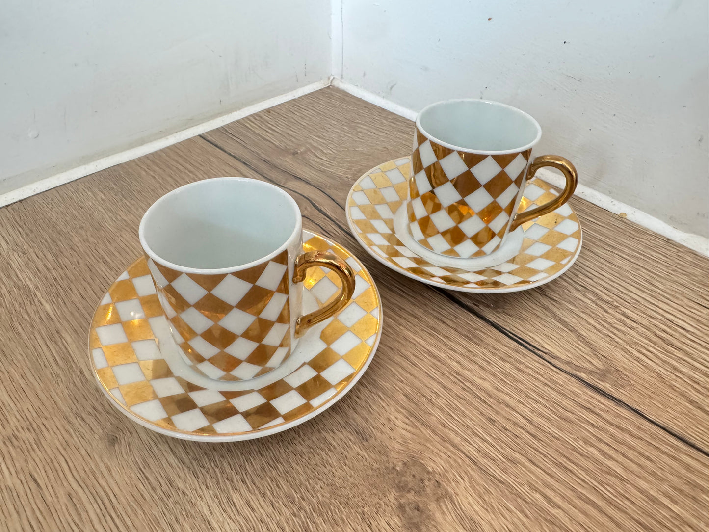 Pair of Gold and White Checkered Espresso Cups & Saucers | Coffee | Vintage Retro |