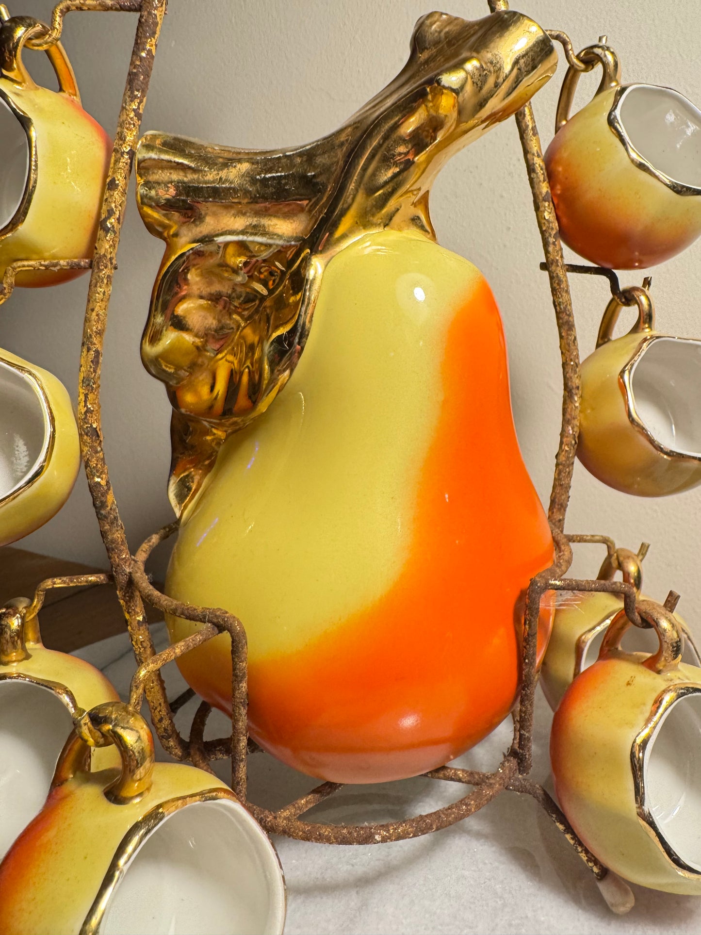 French Pear Liqueur Decanter Set with Stand & Cup Holder | Vintage Retro Quirky Barware |