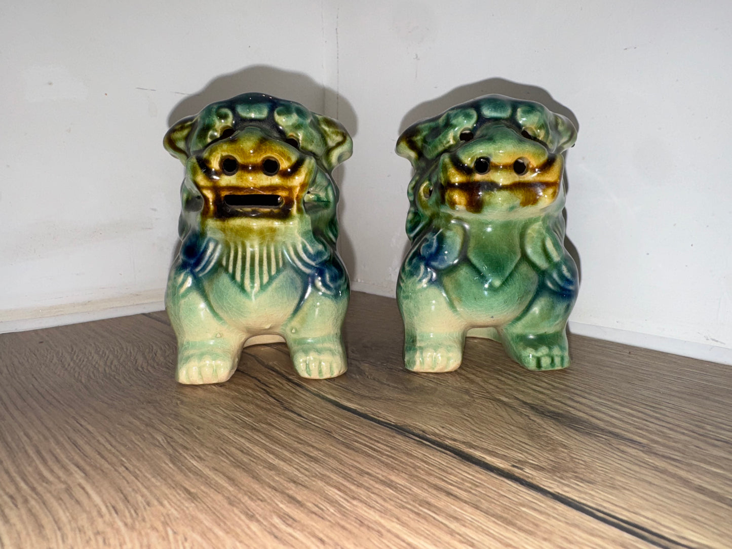 Pair of Small Foo Dogs | Green/Blue | Chinese Guardian Lions | Chinese Asian Decor | Vintage Antique |