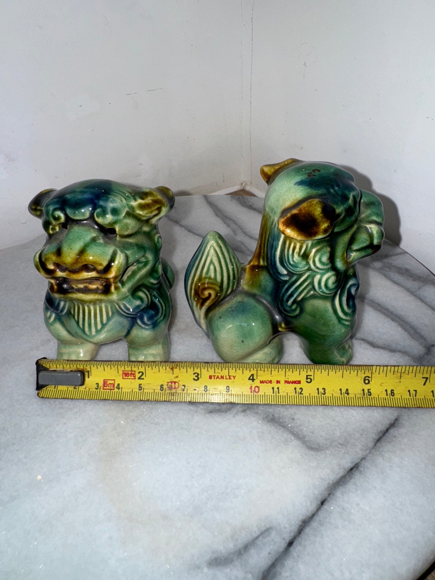 Pair of Small Foo Dogs | Green/Blue | Chinese Guardian Lions | Chinese Asian Decor | Vintage Antique |