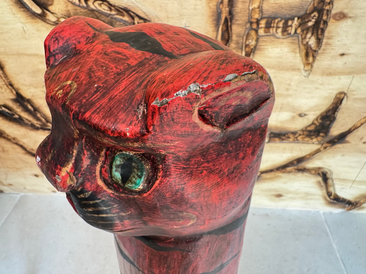 Large Wooden Hand Carved Cat | Folk Art |Vintage Retro | Decor | Quirky Unique |